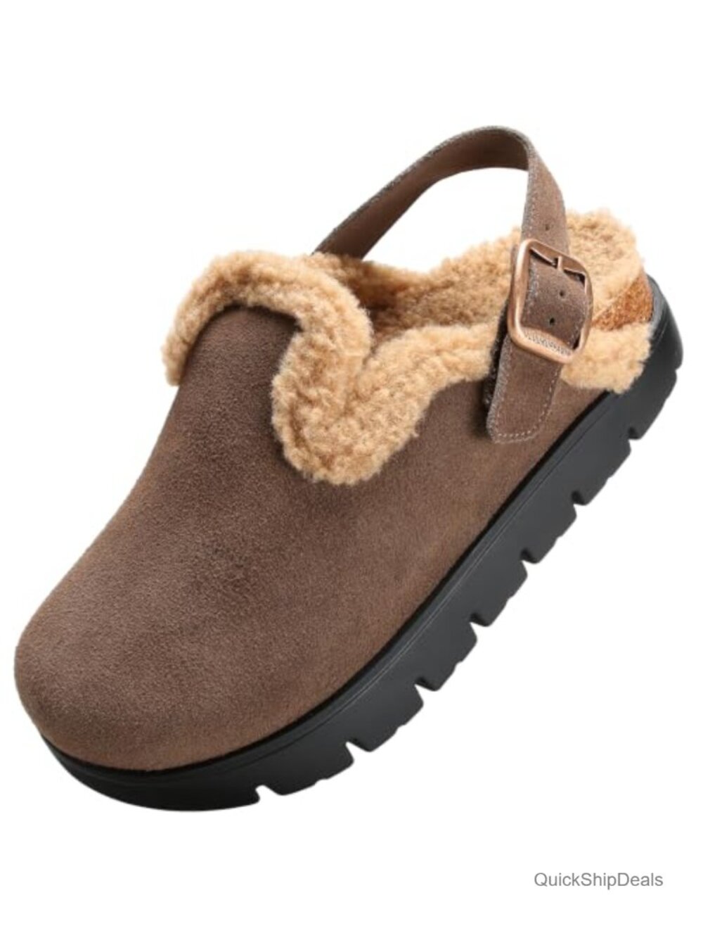 Women's Suede Shearling Lined Platform Clogs Adjustable Back Strap